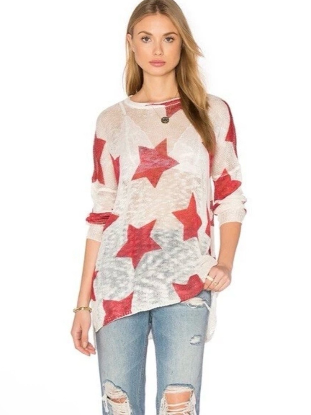 Show Me Your MuMu Cream White Sweater Boho Indie Coastal Red Star Motifs Large